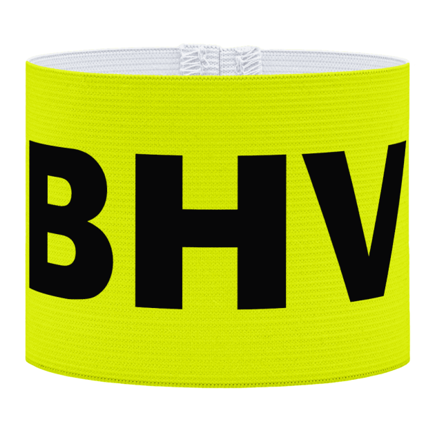 BHV aanvoerdersband, zwarte letters bhv met gele achterkant, gele achtergrond, voetbal, Aanvoerdersband, captain armband specialist, de aanvoerdersband specialist, hockey, volleybal, met klittenband aansluiting, met standaard stiknaad, gepersonaliseerde aanvoerdersband, aanvoerdersband kopen, aanvoerdersband ontwerpen, aanvoerdersband bedrukken
